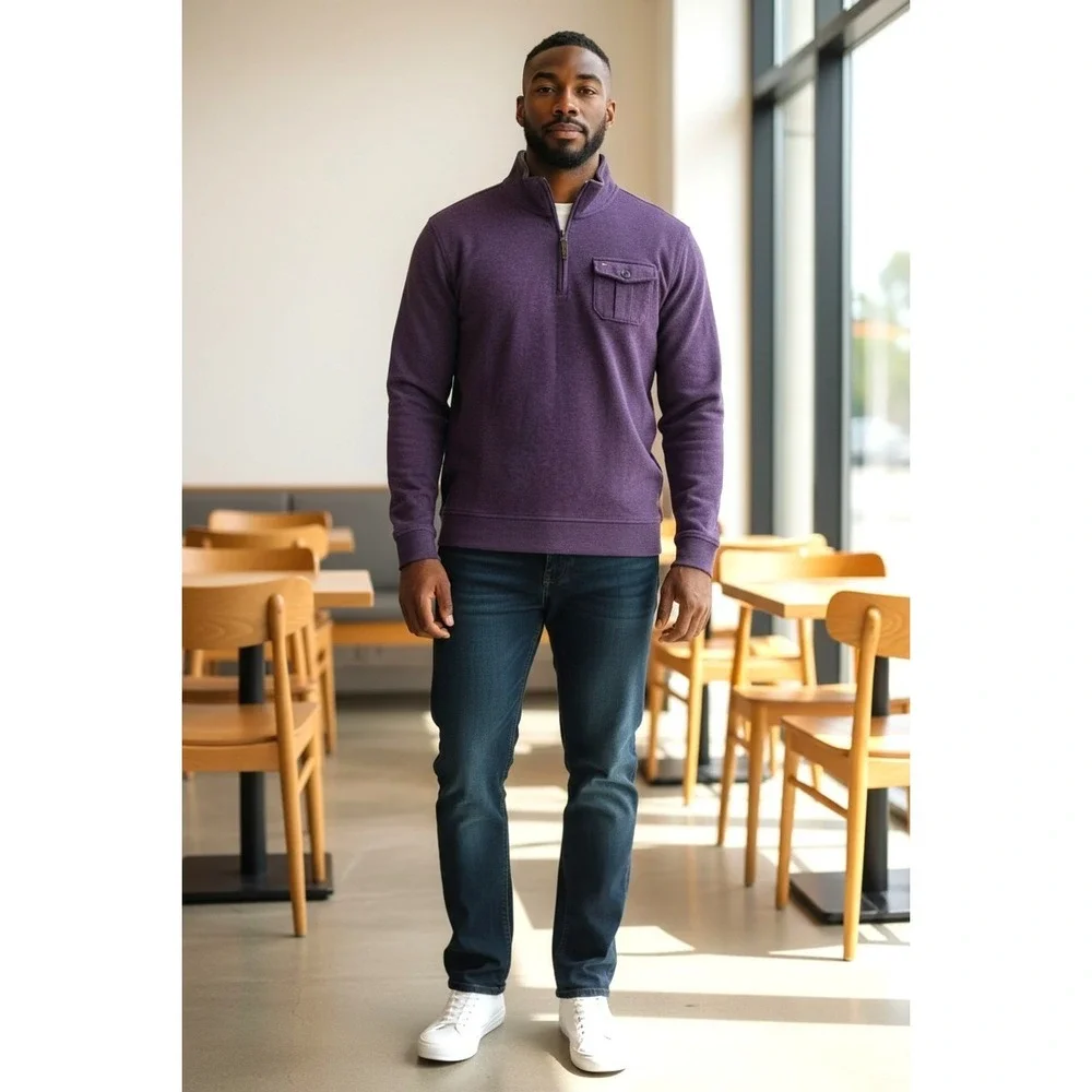 (E-191)Tommy Hilfiger Men's Pullover Sweater Large Purple 1/4 Zip‎ Cotton Casual